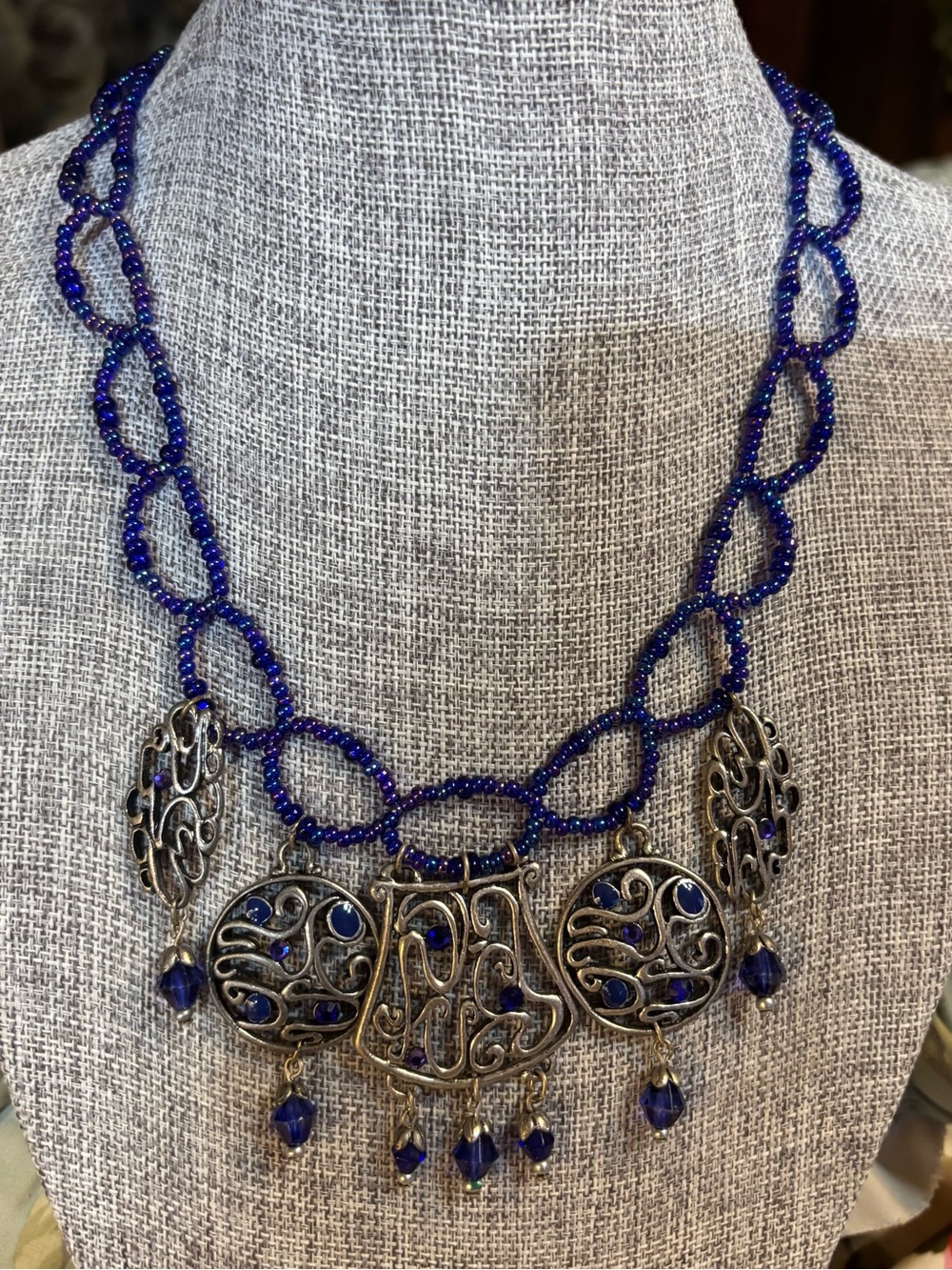 Chico's Royal Blue Beaded Necklace with Ornate Silver-Tone Filigree
